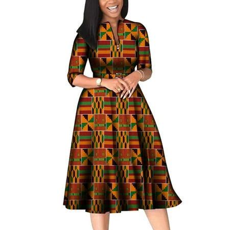 BintaRealWax African Dresses For Women Elegant V Neck Office Midi