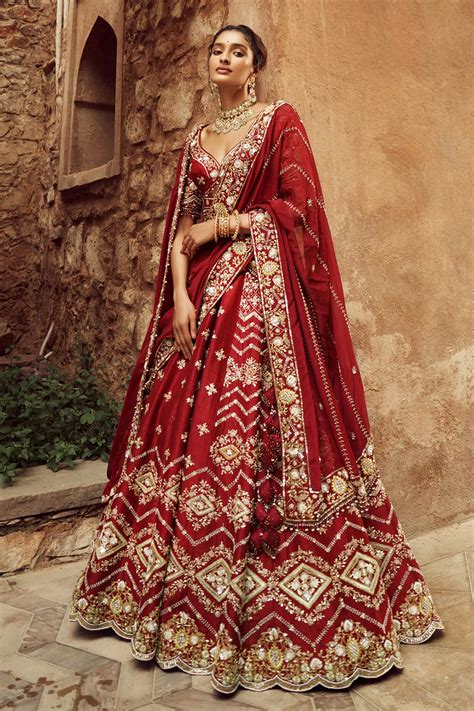 Buy Red Silk Embroidered Cutdana Leaf Bridal Lehenga Set For Women By