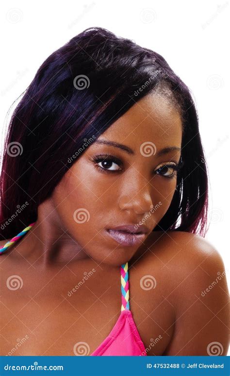 Portrait Attractive African American Woman Pink Bikini Stock Photo