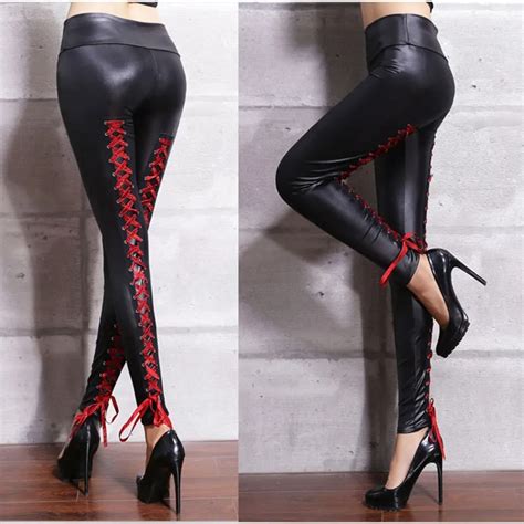 Buy Women Sexy Lace Bandages Leather Pants Black Pvc