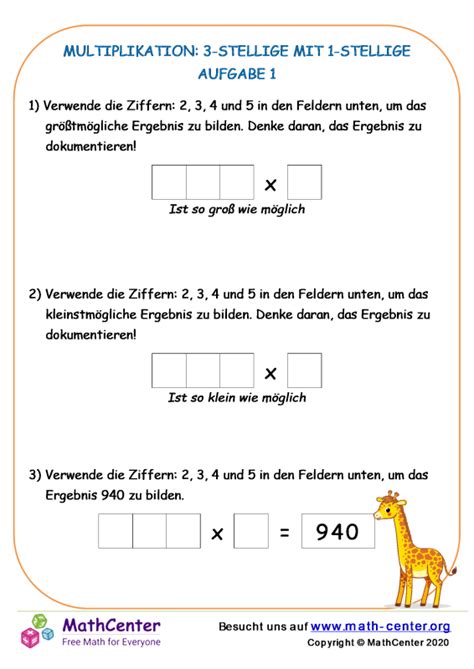 Vierte Klasse Arbeitsbl Tter Mehrstellige Multiplikation Math Center