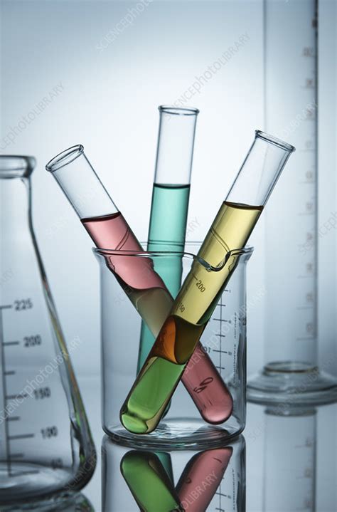 Test Tubes With Coloured Liquids In A Beaker Stock Image C052 6638