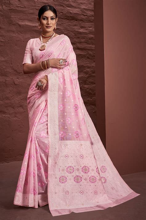 Buy Flamingo Pink Cotton Saree Online Karagiri