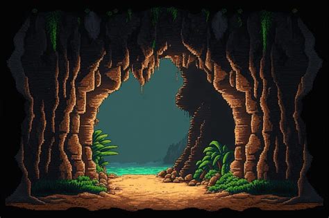 Entrada a la cueva de pixel art túnel natural con rocas árboles y