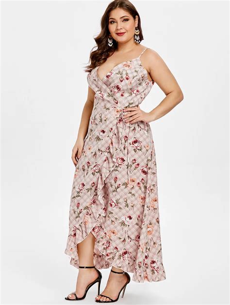 Wipalo Women Plus Size Floral Plaid Print Maxi Dress Sexy Plunging Neck