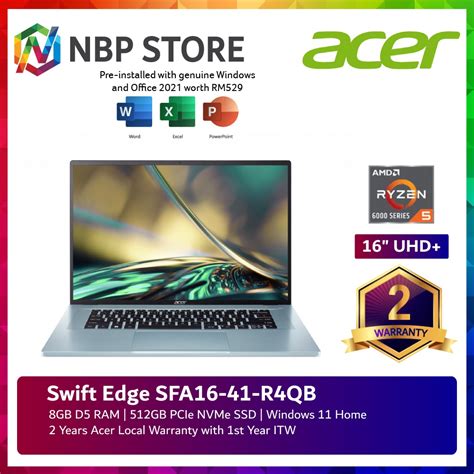 Acer Swift Edge SFA16 41 R4QB 16 OLED WQUXGA Flax White Laptop