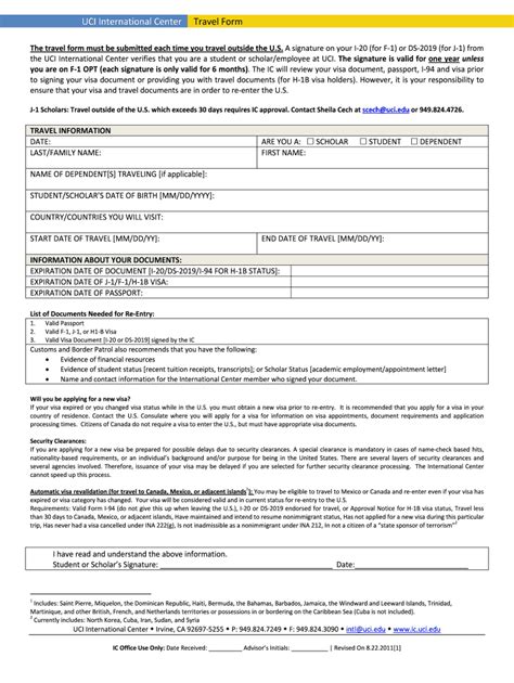 Fillable Online Ic Uci UCI International Center Travel Form Fax Email