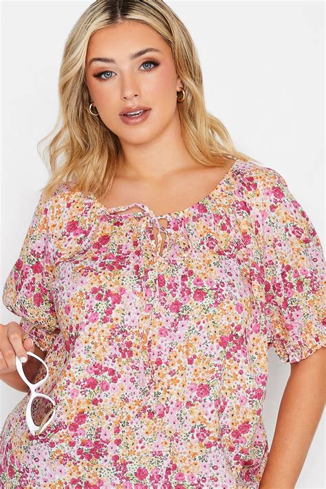 Yours Plus Size Pink Ditsy Print Gypsy Top Yours Clothing