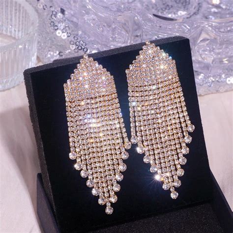 Gold Luxury Rhinestone Crystal Drop Long Tassel Earrings