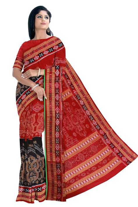 Dhadi Pasapali Sambalpuri Saree Bandha Design In Maroon And Black