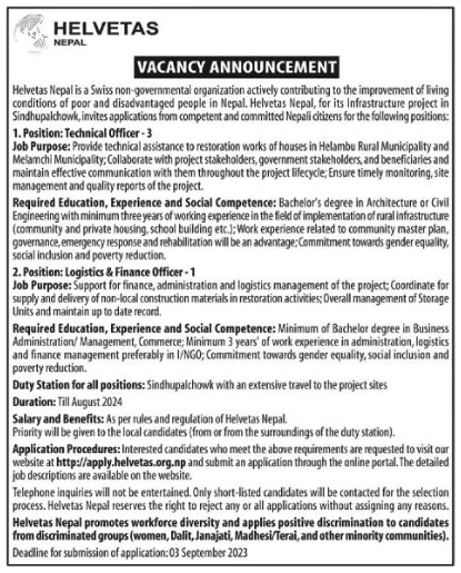 logistics finance officer job vacancy  nepal helvetas nepal
