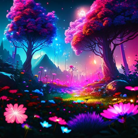 Fantasy Landscape With Magic Forest Tree And Flowers D Illustration