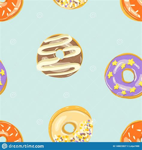 Glazed Donuts Seamless Pattern Bakery Vector Illustration Top View