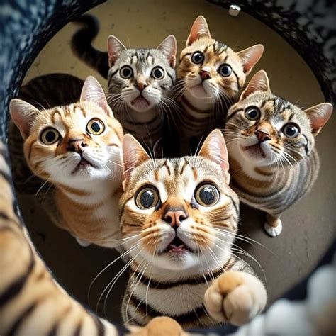 Fisheye Photography Of Excited Gorgeous Cats With Wide Open Eyes