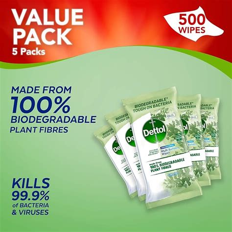 Dettol Wipes Biodegradable Antibacterial Multi Surface Cleaning 5 Packs Of 100 Total 500 Wipes