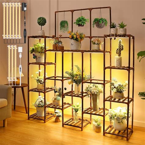 Dreyoo Plant Stand With Grow Lights 6 Tier 15 Potted Wood