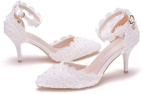 Women High Heels Sandals White Lace Pearls Wedding Shoes