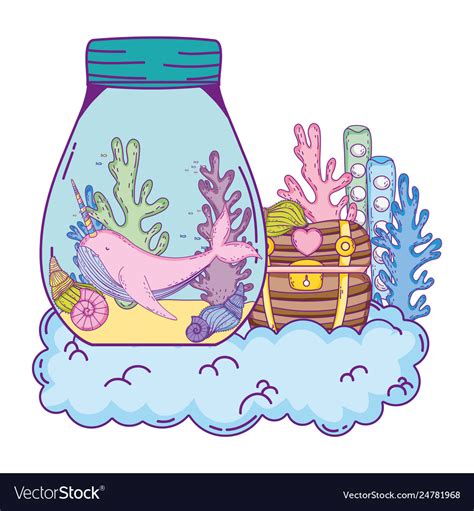 Cute Narval In Mason Jar And Treasure Chest Vector Image