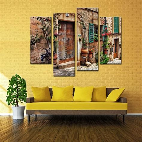 2019 4 Panels Wall Art Spanish Old Town Street Canvas Painting