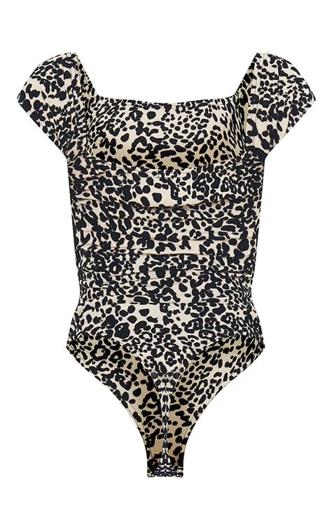 Tan Leopard Print Flocking Bodysuit Tops Prettylittlething