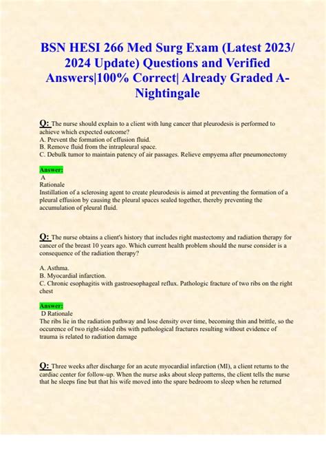 Bsn Hesi 266 Med Surg Exam Latest 2023 2024 Update Questions And