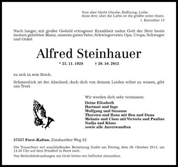 Traueranzeigen Von Alfred Steinhauer Rz Trauer De