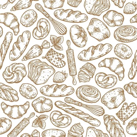 Premium Vector Hand Drawn Seamless Pattern Of Bread And Bakery