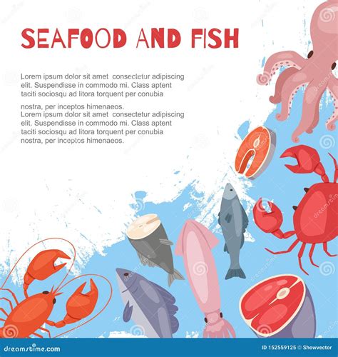 Seafood And Fish Flat Cartoon Banner Vector Illustration Fish Salmon