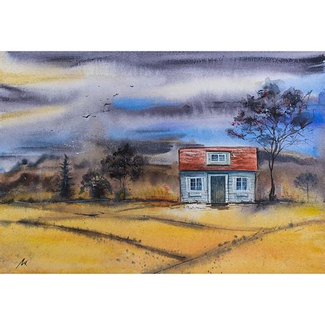 Abstract House Painting Original Watercolor Landscape Autumn Rustik