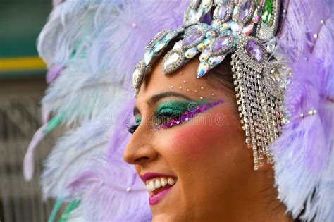 Torrevieja Spain February Woman In Feather Costume At A