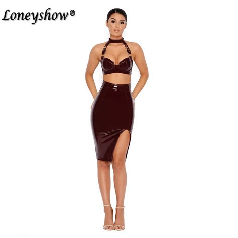 Sexy Vestido De Couro Pu Mulheres De Duas Peças Vestido Bodycon Outono