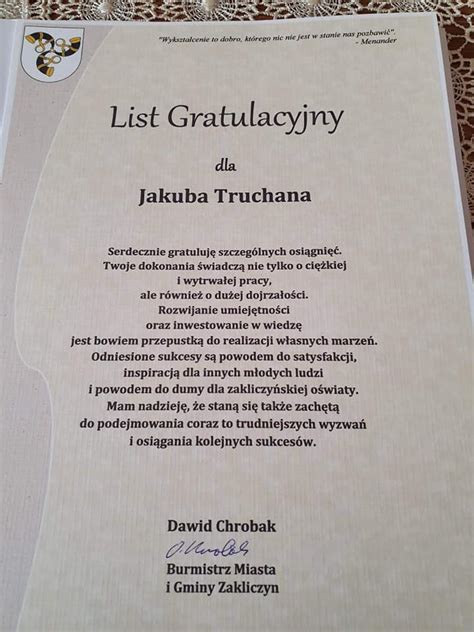 List Gratulacyjny dla ucznia Naszej szkoły Jakuba Truchana