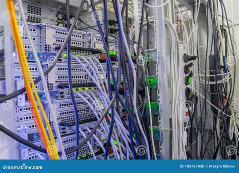 Interweaving A Large Number Of Cables In Datacenter Server Room The Rear Panel Of The Rack With