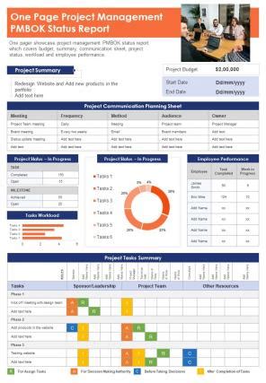 One Page Project Management Pmbok Status Report Presentation