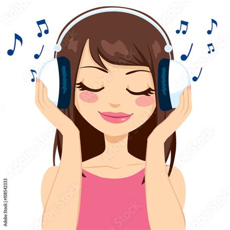 Beautiful Brunette Woman Listening To Music With White Earphones Stock Vector Adobe Stock