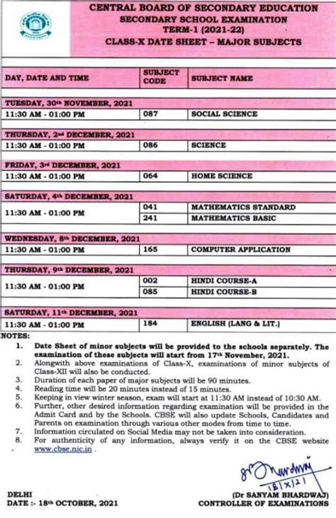 Cbse Class 10 Board Exam 2022 Date Sheet Released For Term 1 Exams At