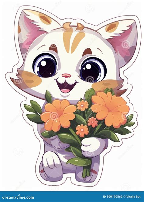 Cartoon Sticker Cute Kitten With Flowers Ai Stock Photo Image Of