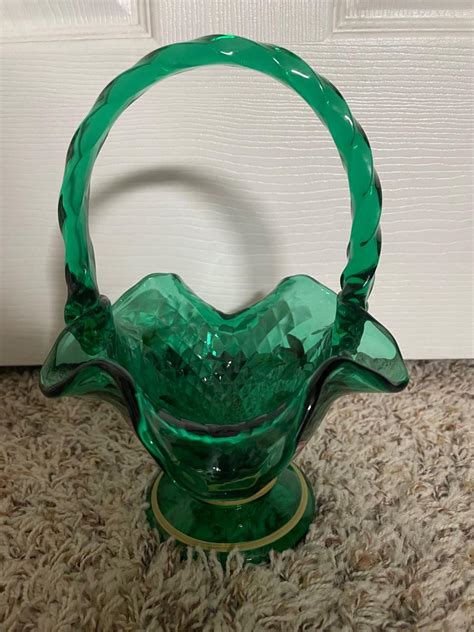 Fenton Green Hand Painted Glass Basket Signed Snaplist