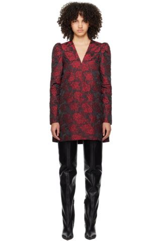 Black Red Botanical Jacquard Minidress By GANNI On Sale