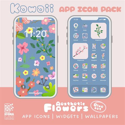 Flowers Kawaii Aesthetic App Icons Pack Hand Drawn Ios Cute Etsy