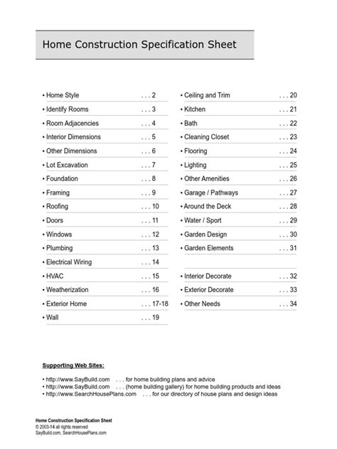 Home Construction Specification Sheet Supporting Web Sites Basement