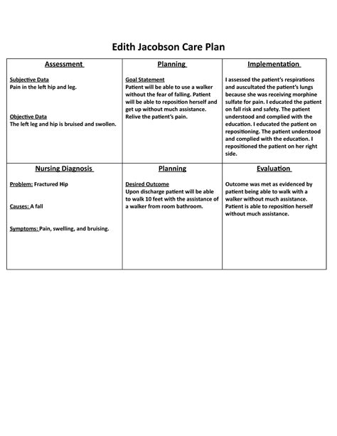 Edith Jacobson Care Plan Edith Jacobson Care Plan Assessment