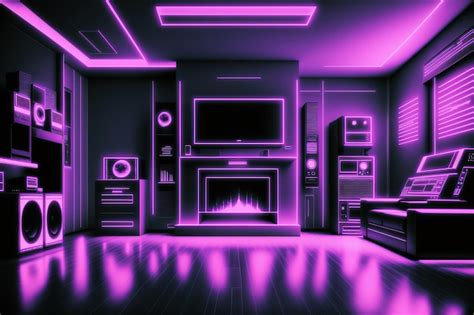 Premium AI Image | A room with a fireplace and a purple neon lights.