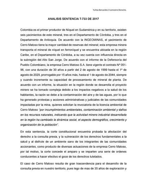 Analisis Sentencia T 733 DE 2017 Yulitza Benavides X Semestre Derecho