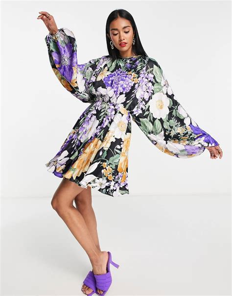 Asos Design Satin Mini Dress With Blouson Sleeve In Floral Print Multi Modesens