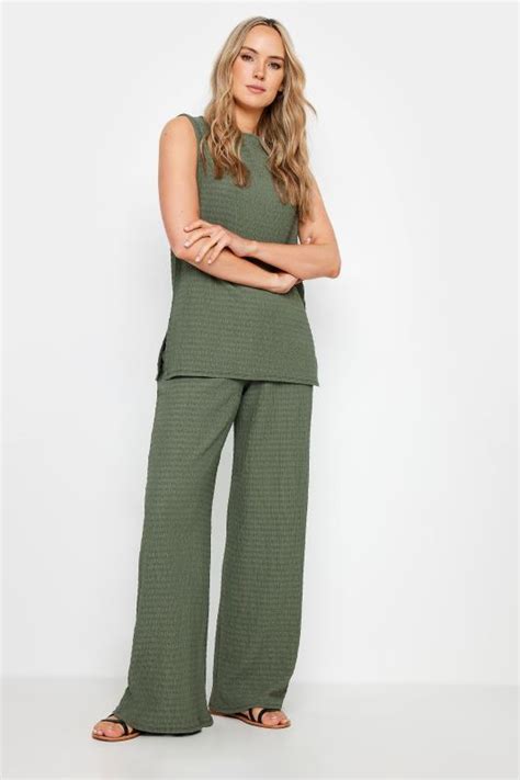 Lts Tall Women S Khaki Green Textured Wide Leg Trousers Long Tall Sally