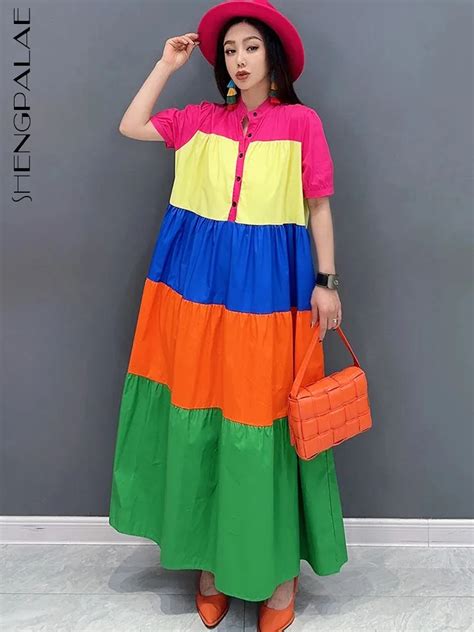 SHENGPALAE 2024 Summer New Color Block Dress Short Sleeve Large Swing