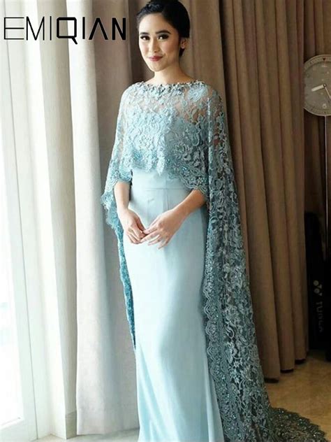 Light Blue Lace Long Cape Evening Dresses Long Lace Arabic Prom Formal