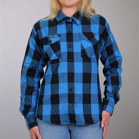 Hot Leathers Flannel Long Sleeve Black And Aqua Ladies Shirt Military