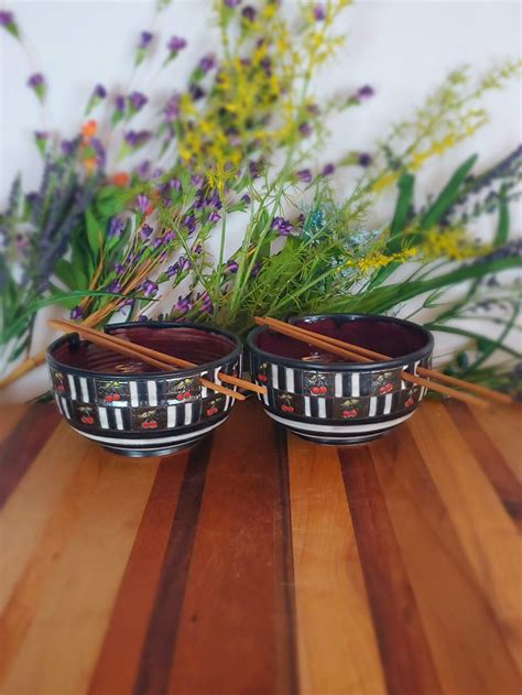 Chopstick Bowl Set of 2 Retro Stripes and Cherry 18 oz | Etsy